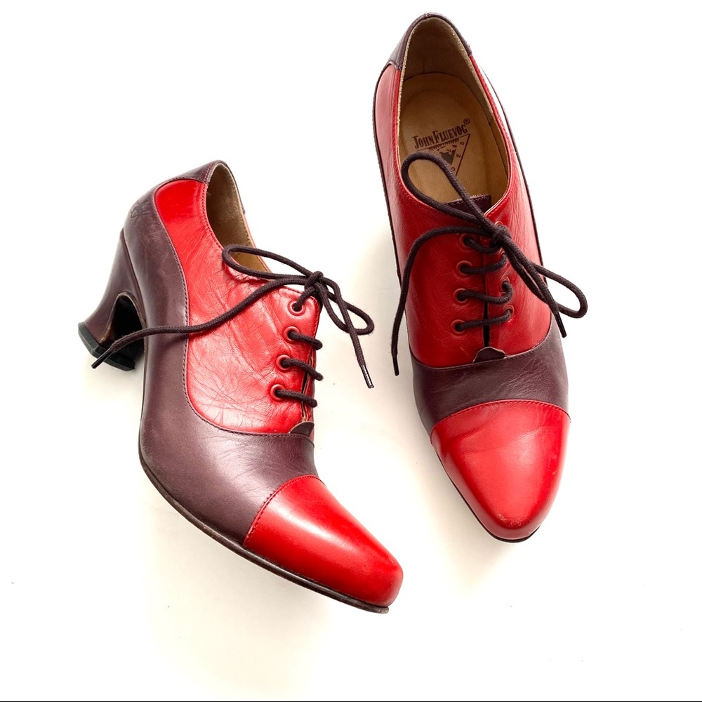 JOHN FLUEVOG Womens 6.5 Red Purple Leather Lace Up 2.5 Heels